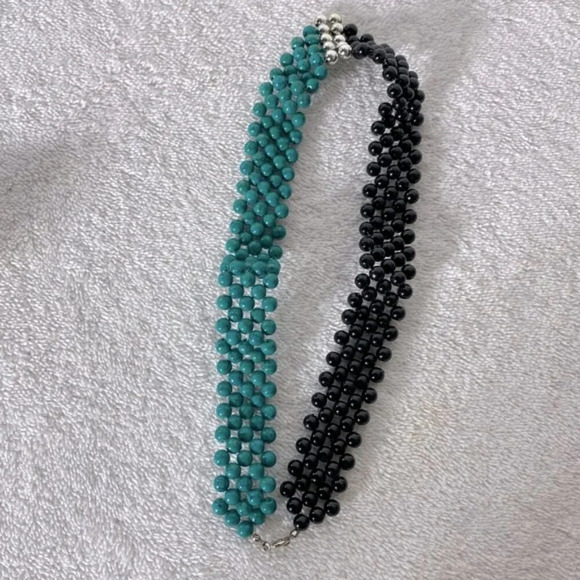Vintage Teal Black Silver Plastic Beaded Necklace & Clip On Earrings Set - Picture 5 of 10